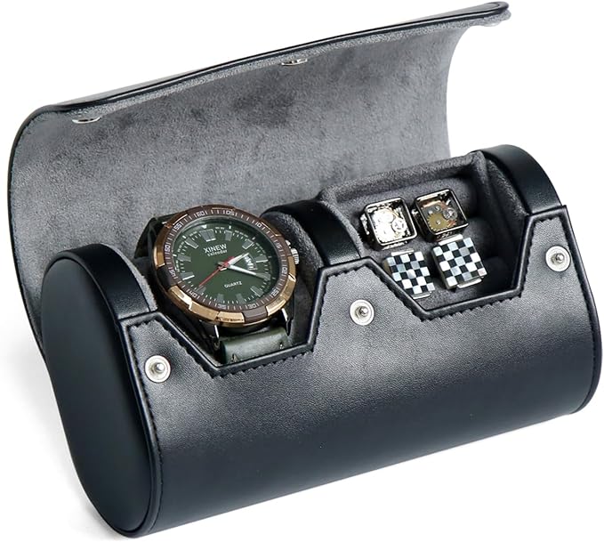 Watch and Cufflink Travel Case - PU Leather Box Combo With Ring Organizer - Portable Storage for Men's Accessories Gift