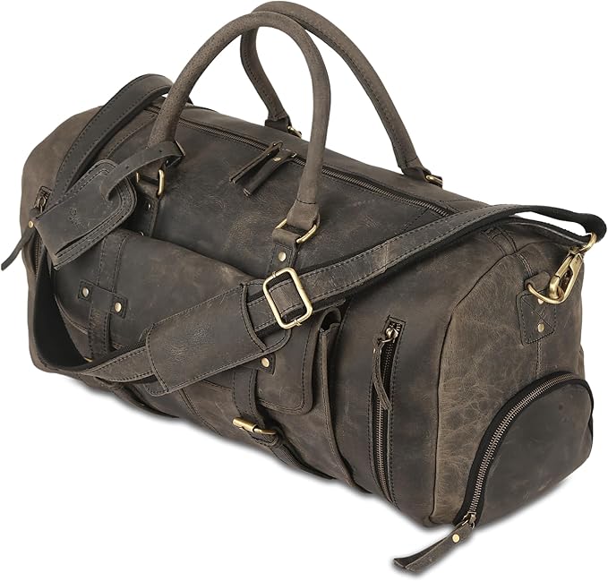 KomalC Leather Travel Duffel Bags for Men and Women Full Grain Leather Overnight Weekend Leather Bags Sports Gym Duffle