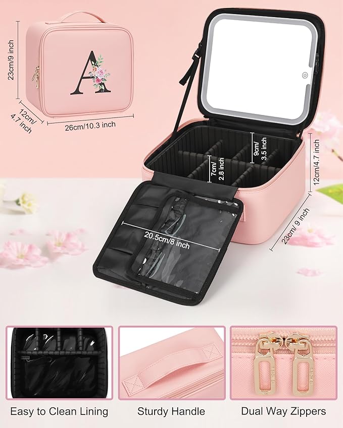 Relavel Initial Makeup Bag with LED Mirror for Women Girls, Personalized Travel Cosmetic Organizer Train Case, Birthday Gifts for Grandkids Bridesmaid Graduation Teacher Friends, Trendy Stuff, Pink W