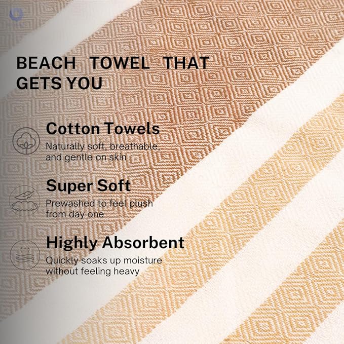 Cotton Turkish Beach Towel with Towels Oversized 36"x72" Pool Absorbent Extra Large Quick Dry Sand Travel Towel (Biscotti Luxe, 2 Pack)