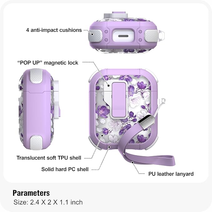 WENEW Case for AirPods 1 & 2 Case Cover Secure Lock Automatic Snap Switch Clip Cleaner Kit Lanyard Women Stylish Flower Hard Shell Full Body (Purple, AirPods 1st & 2nd)