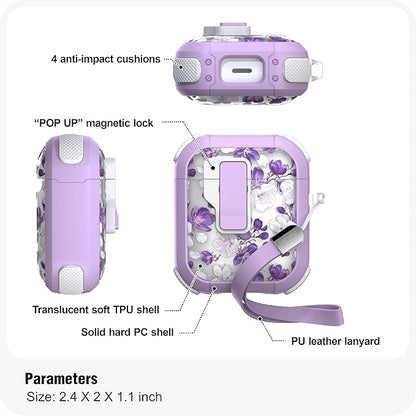 WENEW Case for AirPods 1 & 2 Case Cover Secure Lock Automatic Snap Switch Clip Cleaner Kit Lanyard Women Stylish Flower Hard Shell Full Body (Purple, AirPods 1st & 2nd)
