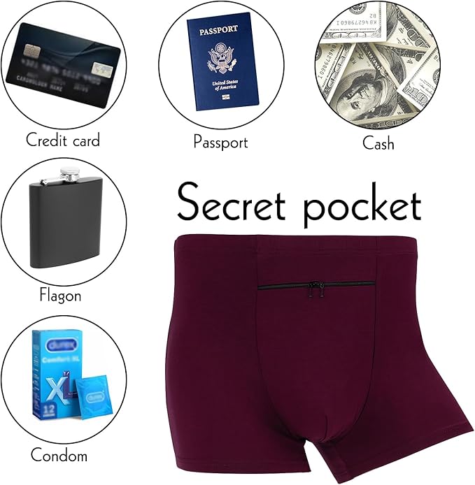 LUEXBOX Pocket Underwear for Men with Secret Hidden Pocket, Travel Boxer Briefs, 2 Packs (Dark Red)