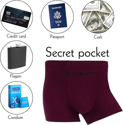 LUEXBOX Pocket Underwear for Men with Secret Hidden Pocket, Travel Boxer Briefs, 2 Packs (Dark Red)
