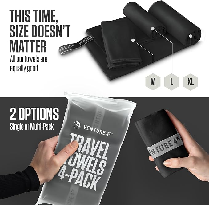 VENTURE 4TH - 4pcs Quick Dry Towels. Microfiber Travel Towels. Lightweight & Fast Drying Travel Towels for Body. Compact & Easy to Pack - 4 Pack Black Large
