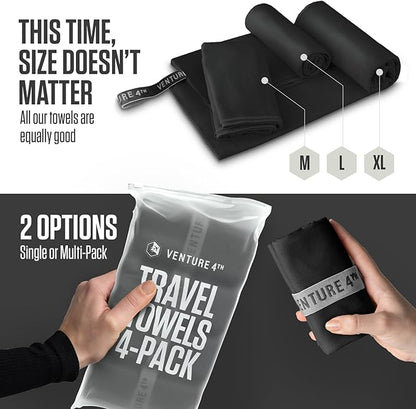 VENTURE 4TH - 4pcs Quick Dry Towels. Microfiber Travel Towels. Lightweight & Fast Drying Travel Towels for Body. Compact & Easy to Pack - 4 Pack Black Large