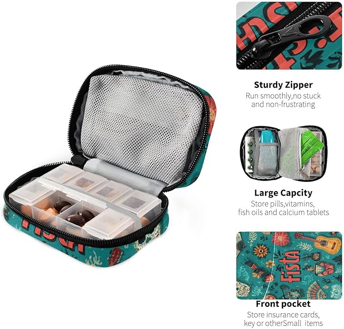Fiesta Mexican Green Skulls Guitars Flowers Travel Pill Organizer Case Box Container Weekly Portable Vitamin Medicine Holder Storage Bag with Zipper Removable