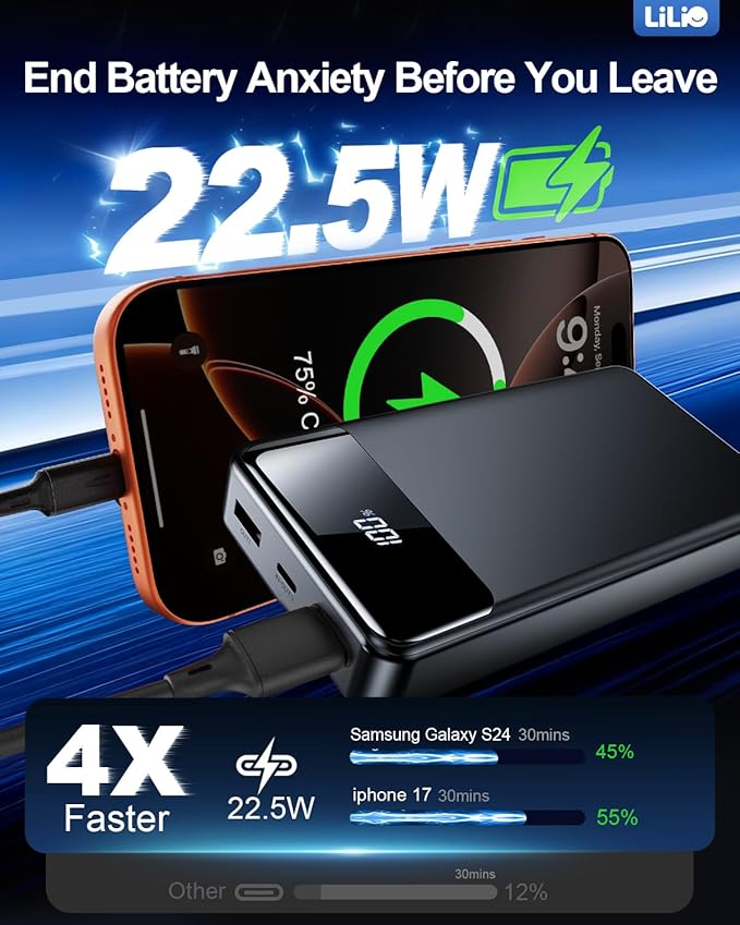 LILIO Portable Charger Power Bank，60,000mAh Battery Pack, 22.5W Power Bank Fast Charging with USB Cable, Phone Charger for iPhone 17/16/15/14/13 All Series/Samsung/Android, Camping Essentials, Black