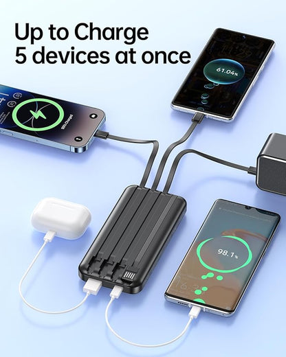 Portable Charger with Built in Cable - Power Bank Fast Charging 22.5W USB C 10000mAh LED Display Travel Battery Pack 5 Outputs & 3 Inputs for iPhone Samsung Android iPad Phones Tablets etc