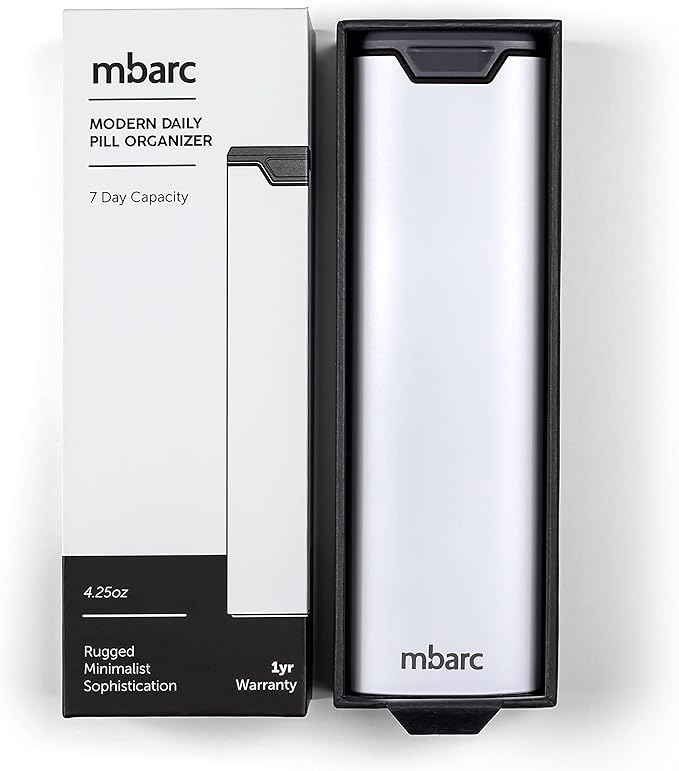 7 Day Weekly Pill Organizer by mbarc - Premium Stylish Aluminum and Wood Large Capacity Pill Box for Supplements, Pills, Vitamins and Medicine. (White)