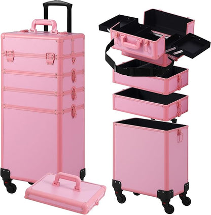 Makeup Train Case, Rolling Makeup Case with Lid, 5 in 1 Cosmetology Case on Wheels, Christmas Gift, Large Makeup Case Organizers, Profesional Cosmetic Case for Salon Barber, Pink