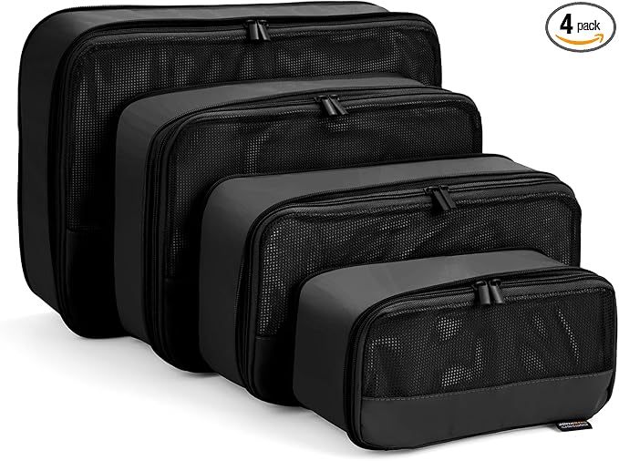 4 Piece Compression Packing Cubes for Suitcases and Backpack, Lightweight Travel Organizer Bags (Jet Black)