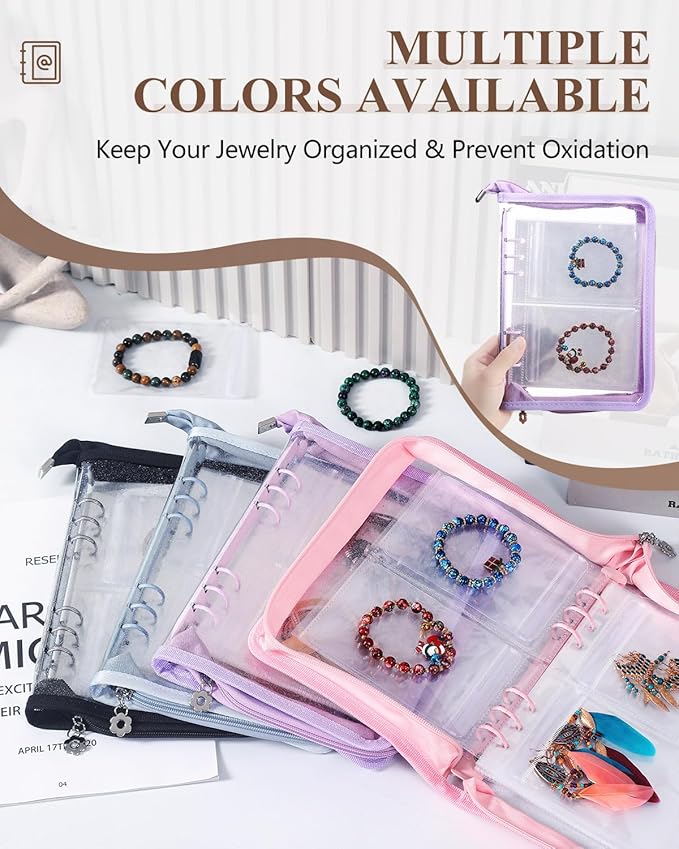AOLEIXIYA Jewelry Organizer Book Clear Travel earring book organizer Transparent Jewelry Book with Zipper Pouch Bags (Purple,With 48 PCS Large Jewelry Bags)
