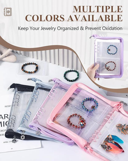AOLEIXIYA Jewelry Organizer Book Clear Travel earring book organizer Transparent Jewelry Book with Zipper Pouch Bags (Purple,With 48 PCS Large Jewelry Bags)