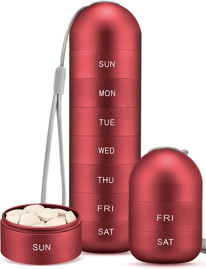 Zannaki Metal Moisture Proof Weekly Pill Organizer, Large Aluminum Alloy BPA Free Travel Hiking 7 Day Pill Box Case Waterproof and Stackable Compartment to Hold Pills, Vitamins, Fish Oil, Supplements