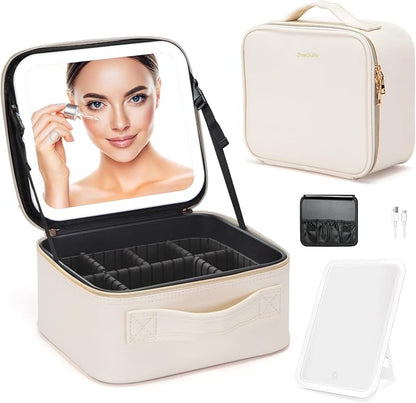 Travel Makeup Bag with LED Mirror – Waterproof Cosmetic Train Case with Adjustable Dividers, Portable Makeup Organizer and Toiletry Bag for Women, Pink Teens & Girls Gift