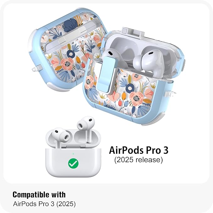 WENEW for AirPods Pro 3 Case (2025) Cover Secure Lock Automatic Snap Switch Clip Cleaner Kit Lanyard Women Stylish Flower Hard Shell Full Body Front LED Visible (Blue Flower, AirPods Pro 3)