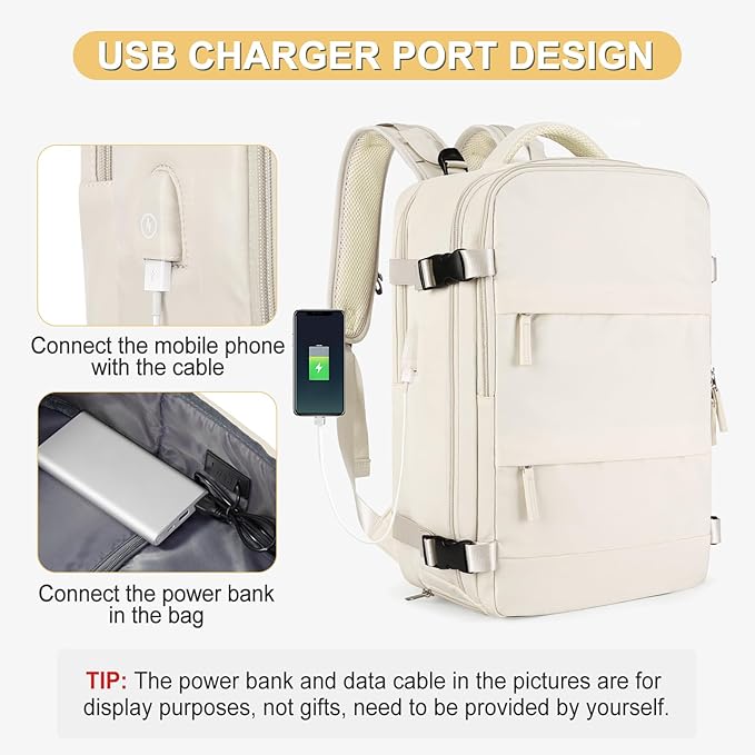 coofay Beige Travel Backpack For Women Men Airline Approved Personal Item Carry On Flight Approved Waterproof Backpack For Traveling On Airplane Weekender Travel Bag