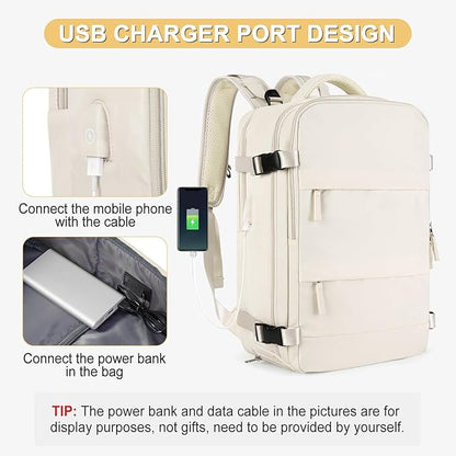 coofay Beige Travel Backpack For Women Men Airline Approved Personal Item Carry On Flight Approved Waterproof Backpack For Traveling On Airplane Weekender Travel Bag