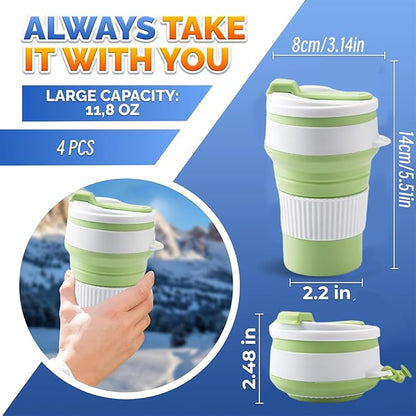 4-Pack Collapsible Cup Reusable – 12oz Leakproof Travel Coffee Mug, Silicone, Foldable & Portable for Hiking, Camping, Office | Lightweight, Heat-Resistant, Easy to Clean, Outdoor & Travel Cup