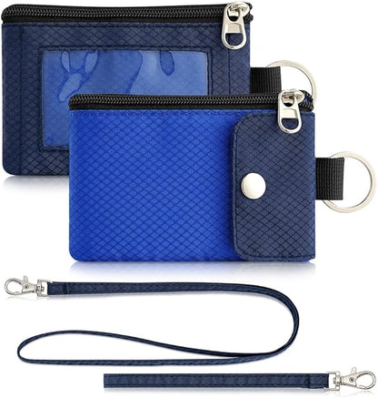 Minimalist Wallet For Mens Womens, Keychain RFID Blocking Zipper Small Wallet with ID Window 2 Lanyards,Water Resistant Travel Cash Card Coin Case Boys Girls
