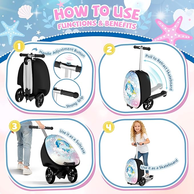 Scooter Suitcase for Kids, 2 in 1 Ride-on Luggage with Flash PU Wheels, Adjustable Handle & TPR Non-Slip Grip, Foldable & Lightweight, Ages 5-12