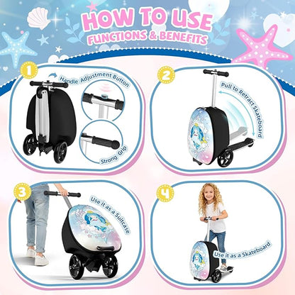 Scooter Suitcase for Kids, 2 in 1 Ride-on Luggage with Flash PU Wheels, Adjustable Handle & TPR Non-Slip Grip, Foldable & Lightweight, Ages 5-12