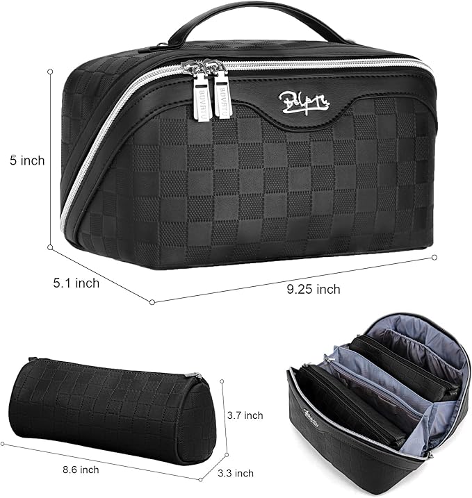 BOYATU Travel Makeup Bags for Women: Vegan Leather Cosmetic Bag Set of 3 - Large Capacity Make up Bag with Divider - Wide Open Waterproof Toiletry Organizer Bag with Handle (L13-Black)