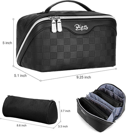 BOYATU Travel Makeup Bags for Women: Vegan Leather Cosmetic Bag Set of 3 - Large Capacity Make up Bag with Divider - Wide Open Waterproof Toiletry Organizer Bag with Handle (L13-Black)
