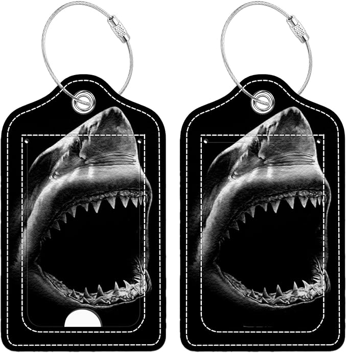 Funny PU Leather Luggage Tags 2-Pack Ocean Shark Mouth Cute Pattern Suitable for Suitcase Stainless Steel Loop and Address Card Essential for Cruise and Airport Travel for Men and Women