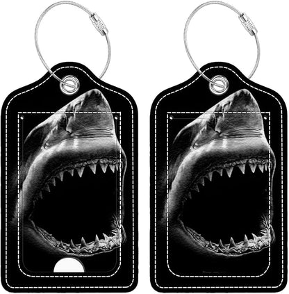 Funny PU Leather Luggage Tags 2-Pack Ocean Shark Mouth Cute Pattern Suitable for Suitcase Stainless Steel Loop and Address Card Essential for Cruise and Airport Travel for Men and Women