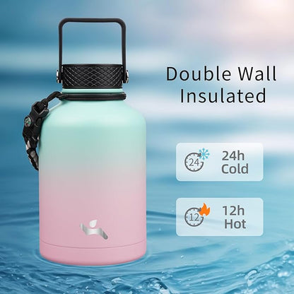 Insulated Water Bottle with Straw,50 oz 3 Lids Water Jug with Carrying Bag,Paracord Handle,Double Wall Vacuum Stainless Steel Metal Flask,Gum