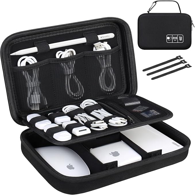 Lacdo Hard Travel Electronic Organizer Case for MacBook Power Adapter Charger, Cables, Apple Pencil, Mouse, Power Bank, USB Flash Disk,SD Card Small Protective Portable Accessories & 3 Cable Tie,Black