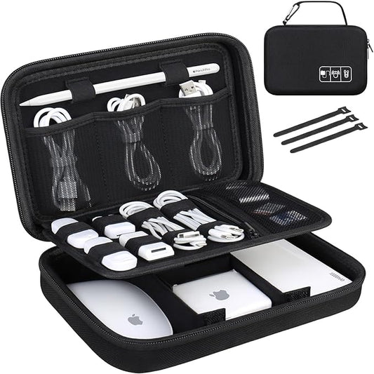Lacdo Hard Travel Electronic Organizer Case for MacBook Power Adapter Charger, Cables, Apple Pencil, Mouse, Power Bank, USB Flash Disk,SD Card Small Protective Portable Accessories & 3 Cable Tie,Black