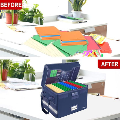 DocSafe Fireproof Document Box with Lock, File Storage Organizer with Mesh Pockets, Collapsible Portable File Box Home Office Safe Filing Cabinet with Handle for Hanging Letter/Legal Folder, Blue