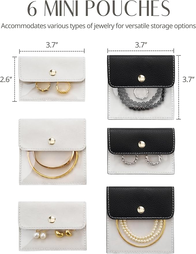 Popvibe Travel Jewelry Box Organizer Small Jewelry Case with 6 Jewelry Bags Mini Pouch, Portable Traveling Jewelry Case for Women, Black Leather Compact Jewelry Travel Necklace Case Holder