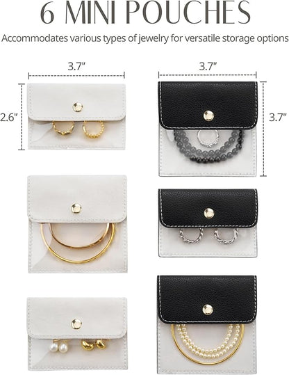 Popvibe Travel Jewelry Box Organizer Small Jewelry Case with 6 Jewelry Bags Mini Pouch, Portable Traveling Jewelry Case for Women, Black Leather Compact Jewelry Travel Necklace Case Holder