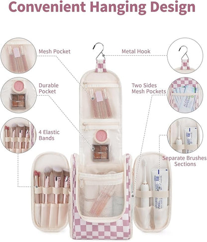 Narwey Small Checkered Hanging Travel Toiletry Bag for Women, Travel Bag for Toiletries, Makeup Bag Organizer Cosmetic Bags Make Up Bags for Women (Dusty Rose Checkerboard)