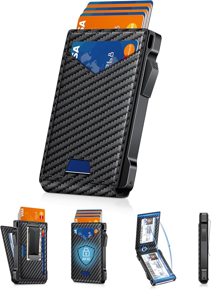 Wallet for Men RFID Wallet with 2 ID Windows & Money Clip, Slim Pop Up Card Holder for 10-12 Cards, Bifold Minimalist Smart Wallet for Front Pocket, Compact Metal Credit Card Holder, Gifts for Men