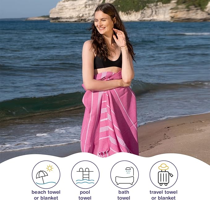 Turkish Beach Towels, Bulk Case of 12 | Oversized, Quick Dry, Sand Free | 100% Cotton, Large 38x71 Towels for Beach, Pool, Travel | Ultra-Soft, Compact, Absorbent | Fuchsia