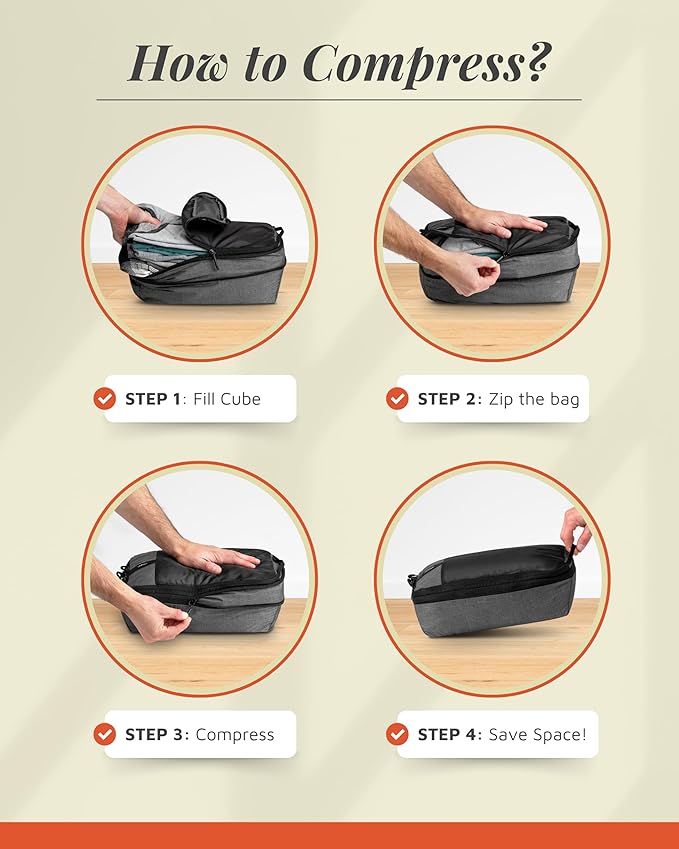 Compression Packing Cubes for Travel by TRIPPED – 6-Piece Premium Set with Laundry & Shoe Bag, Space Saving Travel Organizer Bags for Suitcase & Carry-On Luggage (Grey Mesh)