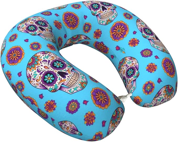 Neck Pillow Memory Foam Chin Cushion with Breathable Cover Mexican Sugar Skulls Day of The Dead Cross Flowers Green, Cute Airplane Car Pillows for Office Head Pain Relief