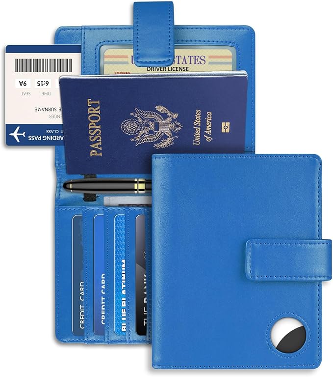 Passport Holder Wallet Cover Case for Women and Men,RFID Blocking,Passport Case with AirTag Holder,Travel Accessories (Blue)