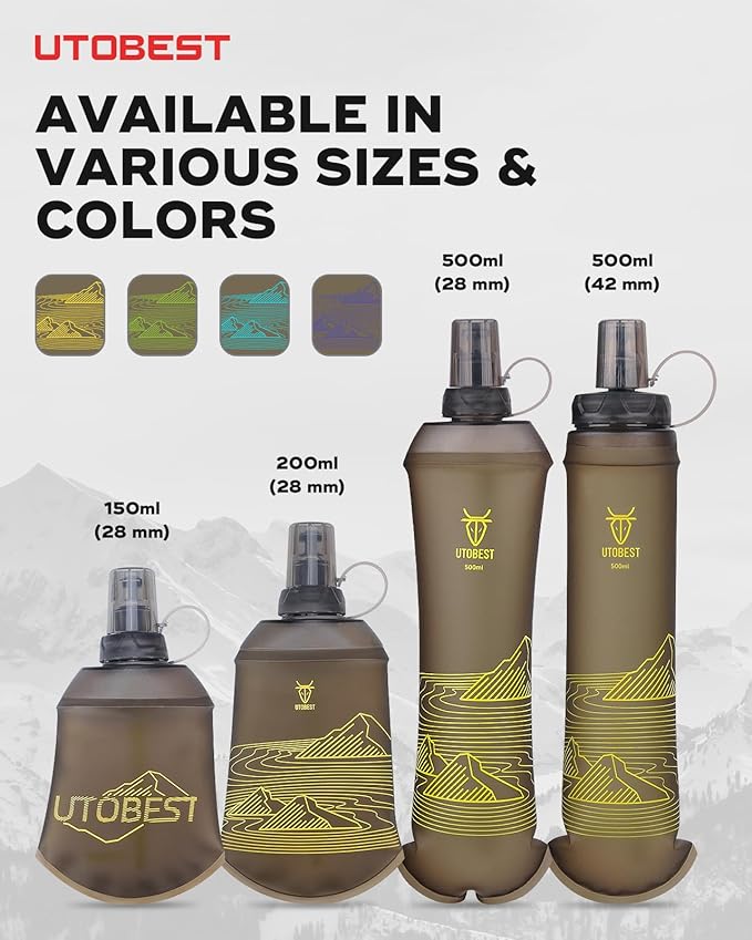 500ml Soft Flask, 2 Pack Flexible TPU Hydration Water Bottle, Collapsible with 42mm Caliber for Running, Hiking, Cycling, Climbing, and Marathon Yellow