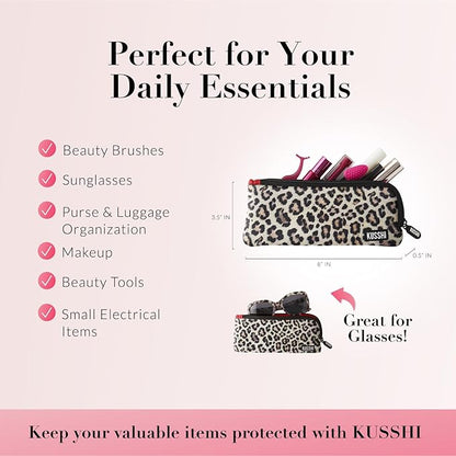 KUSSHI Neoprene Zipper Makeup Brush Pouch and Travel Pencil Case for Beauty Tools, Pencils, Brushes & Small Accessories - Makeup Brush Bag Pouch for Organization and Travel Items (Leopard/Red)