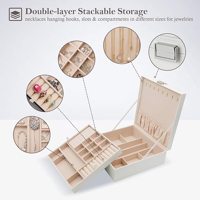 ProCase Jewelry Box for Women, 2 Layers Large Leather Jewelry Organizer Storage Case with Removable Pad for Earrings -White