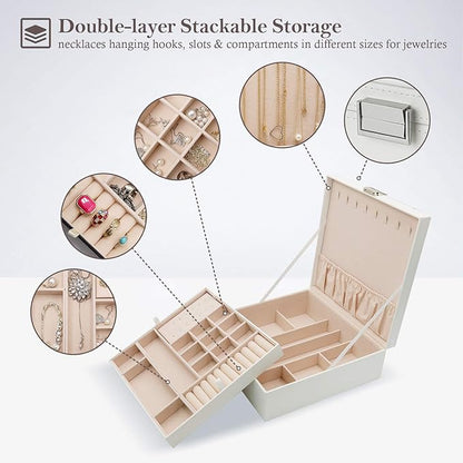 ProCase Jewelry Box for Women, 2 Layers Large Leather Jewelry Organizer Storage Case with Removable Pad for Earrings -White