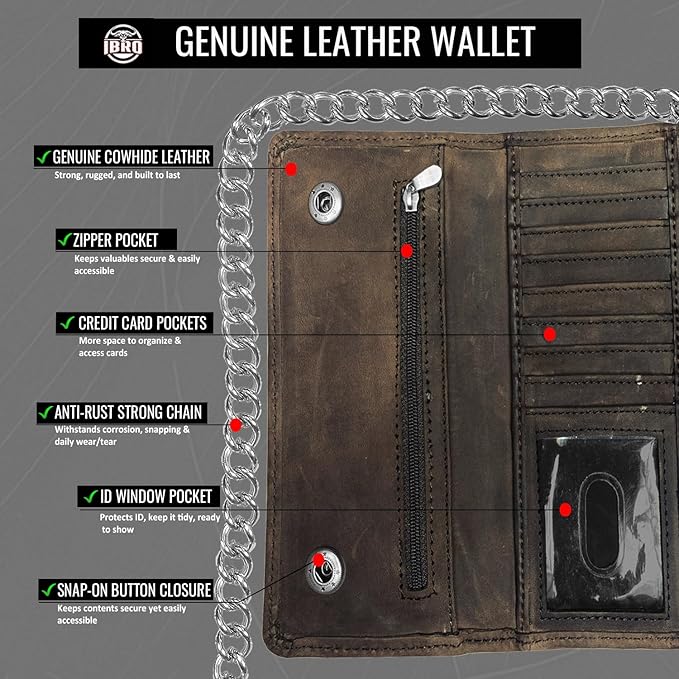 IBRO VINTAGE Motorcycle Chain Wallet for Men – Premium Cowhide Leather, RFID Tri-Fold Biker Wallet with Heavy Duty Chain for Bikers Truckers & Hunters, Credit Card Money Organizer Long Wallet