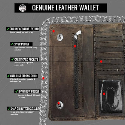 IBRO VINTAGE Motorcycle Chain Wallet for Men – Premium Cowhide Leather, RFID Tri-Fold Biker Wallet with Heavy Duty Chain for Bikers Truckers & Hunters, Credit Card Money Organizer Long Wallet