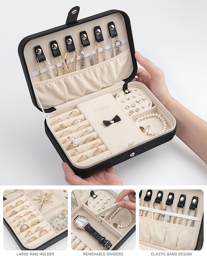 Small Jewelry Box, Travel Jewelry Case Portable Jewelry Boxes for Women, 2-Layer Mini Jewelry Travel Organizer, Gift for Women Girls, Black A